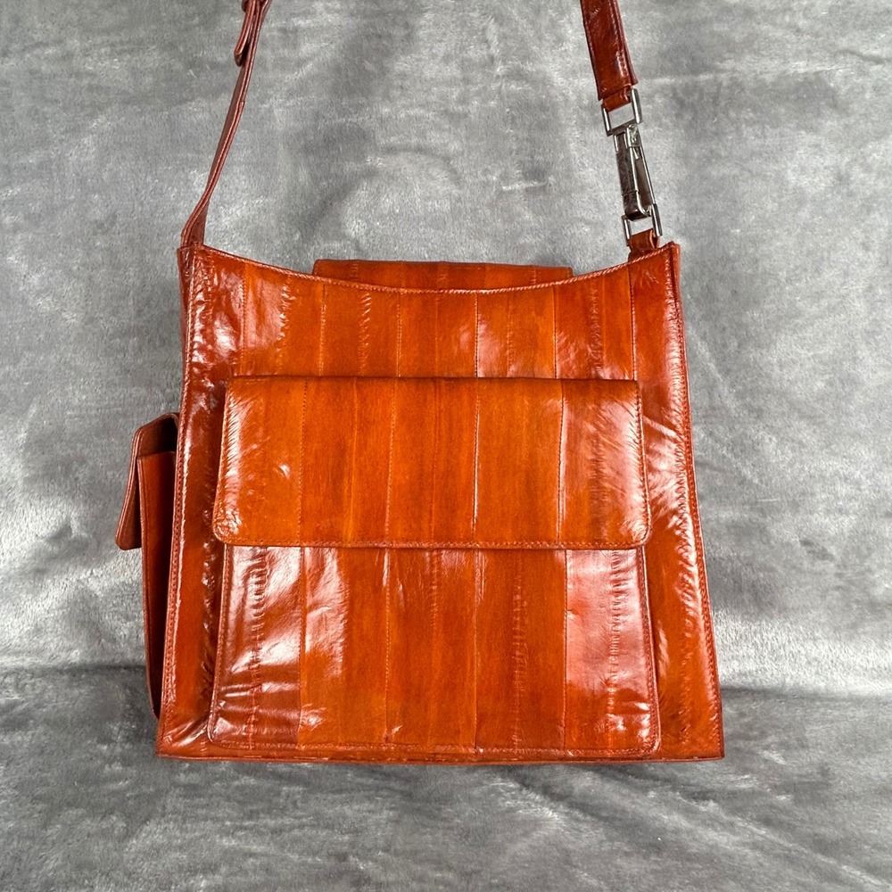 Vintage Lee Sands Eel Skin Shoulder Bag Cognac Brown Leather Handbag Square
